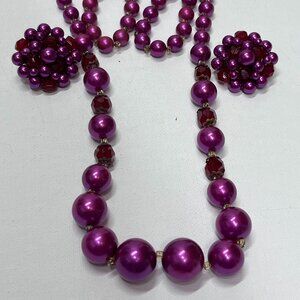 Vintage Fuchsia Beaded Necklace and Clip Earrings Set